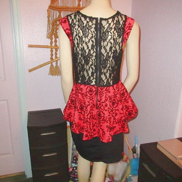 Vtg Y2K Flocked Velvet Peplum Pencil Mini Dress Size S Sheer Lace Bodycon Baddie - Picture 7 of 12